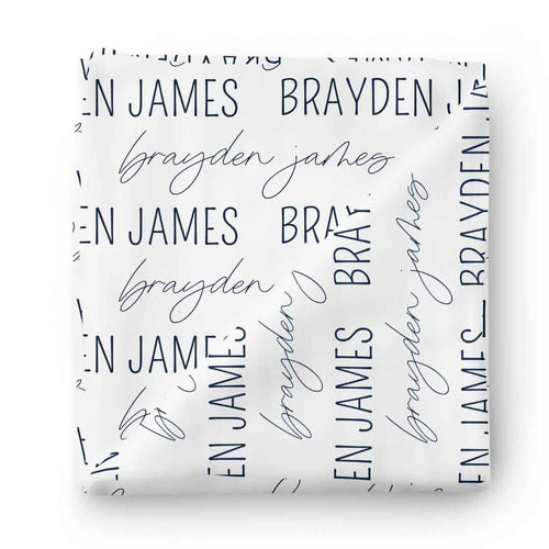 Personalized Dark Navy on White Baby Name Swaddle Blanket