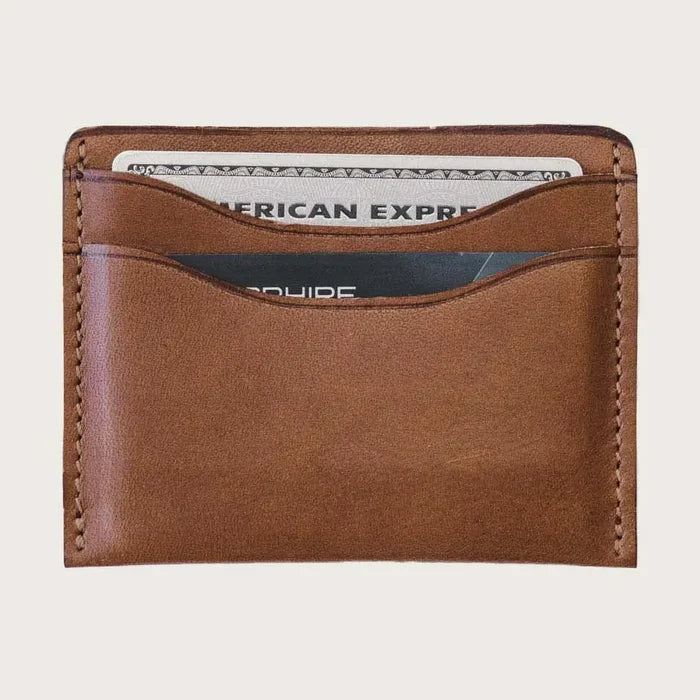 Brown leather wallet with card slots on a light gray background