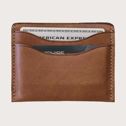 Brown leather wallet with card slots on a light gray background