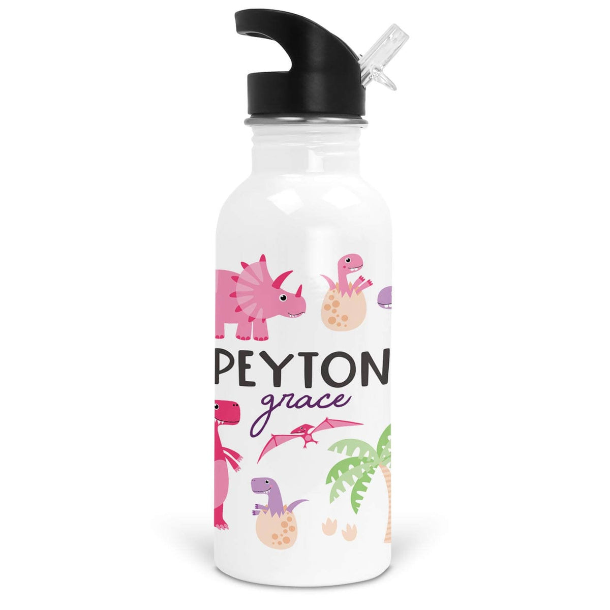 Happy Dinos Personalized Kids Water Bottle | Pink