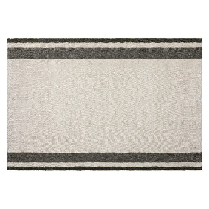 A rectangular woven tea towel with a wide off-white center and two dark charcoal gray horizontal stripes near the top and bottom edges, shown flat against a white background.