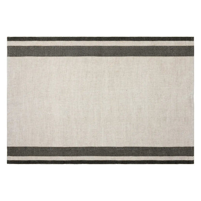 A rectangular woven tea towel with a wide off-white center and two dark charcoal gray horizontal stripes near the top and bottom edges, shown flat against a white background.