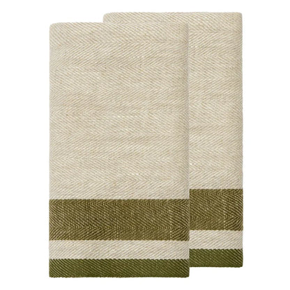 Two folded woven towels in a natural beige color with a horizontal olive green and cream stripe pattern near the bottom, displayed on a solid white background.