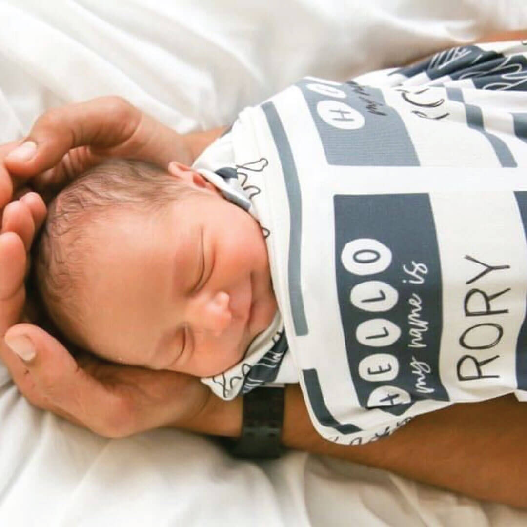 Hello My Name Is Personalized Swaddle Blanket BLUES