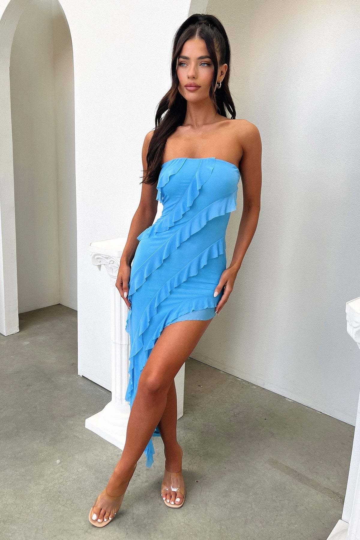 Jadore Strapless Ruffle Midi Dress - Blue
