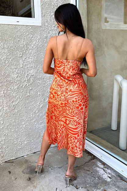 Jennifer Satin Midi Dress - Orange / Brown