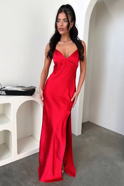 Jennifer Satin Maxi Dress - Red
