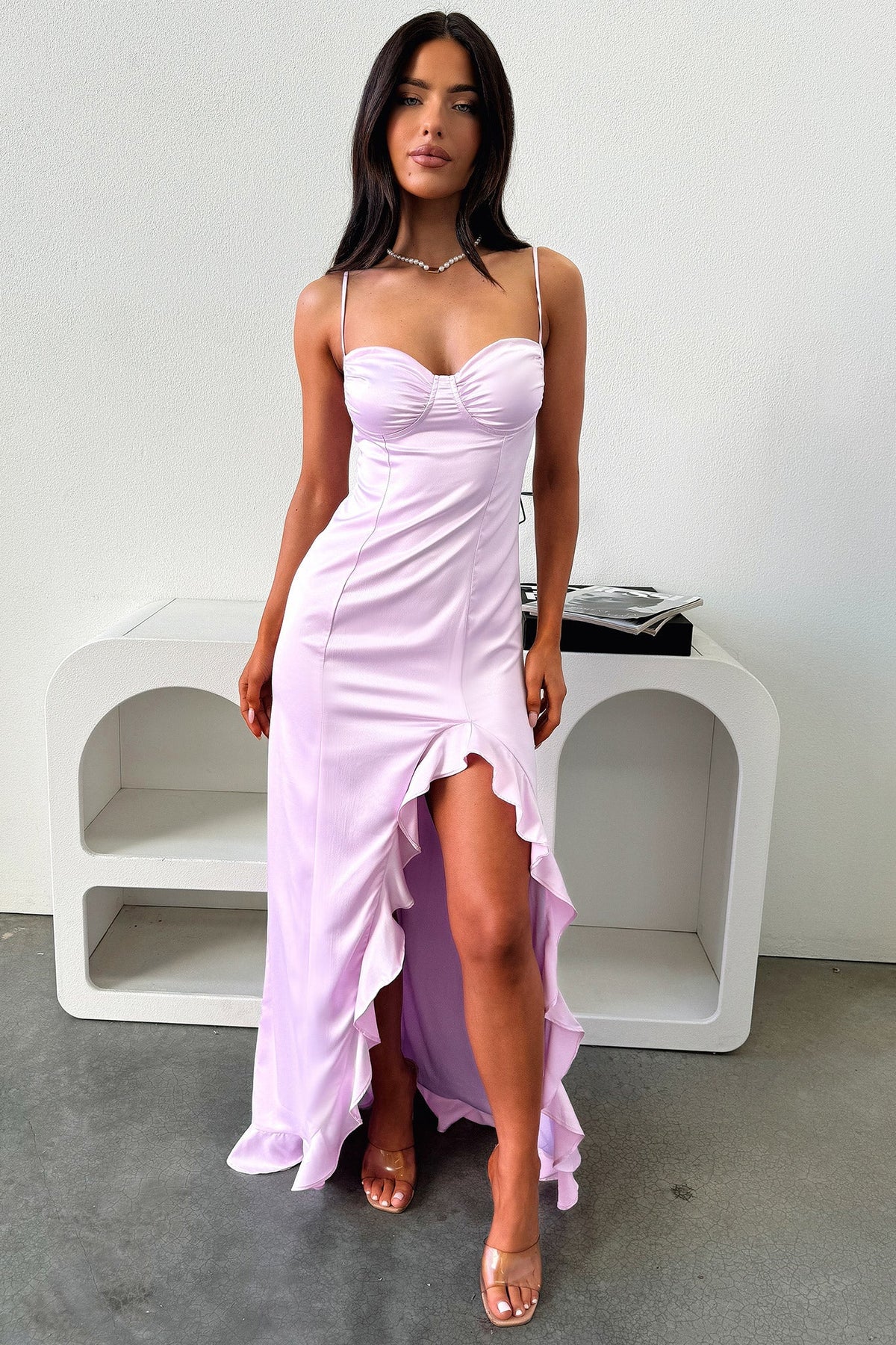 Lauren Ruffle Trim Satin Maxi Dress - Lilac