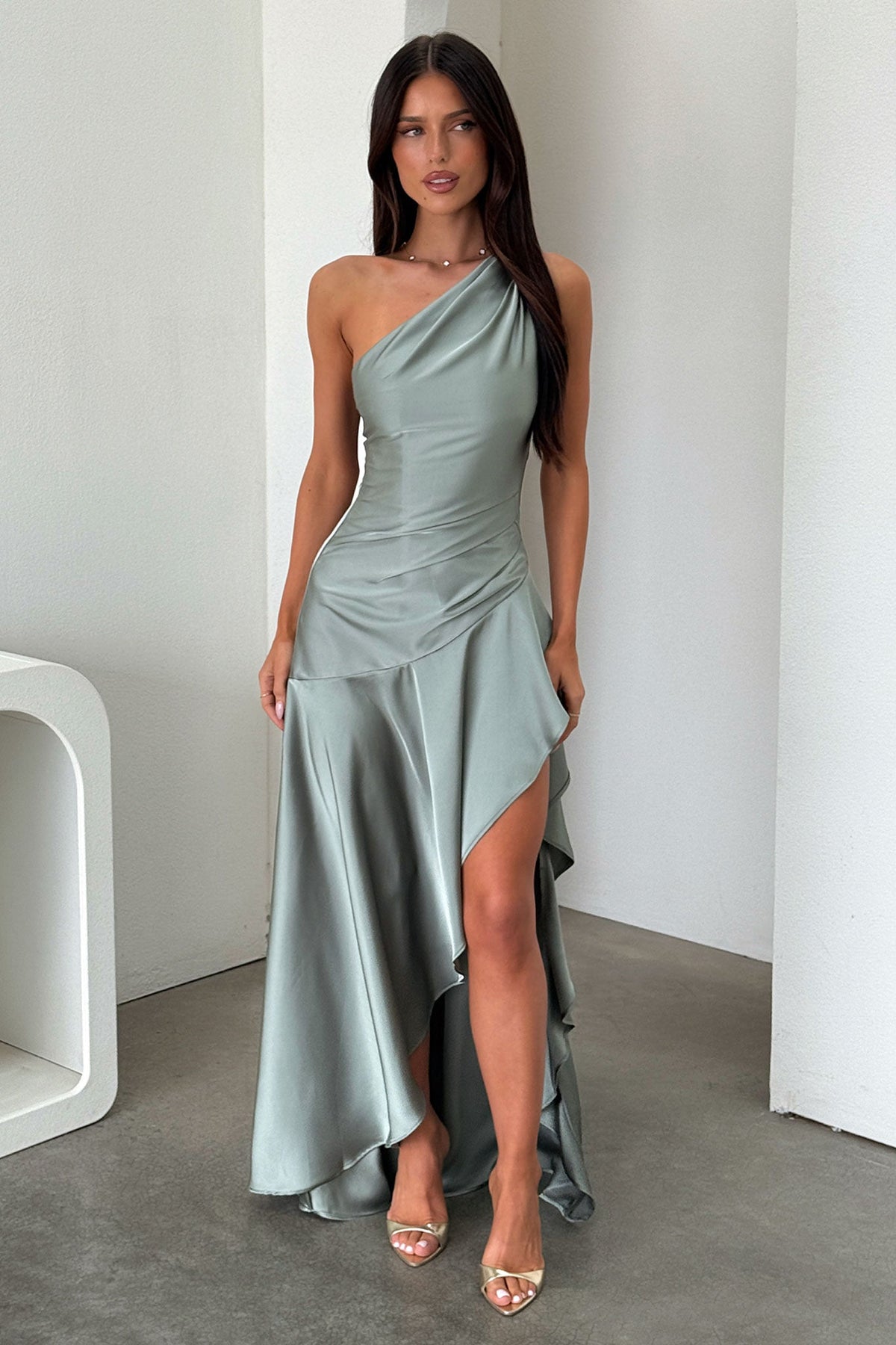 Leni One Shoulder Satin Maxi Dress - Olive