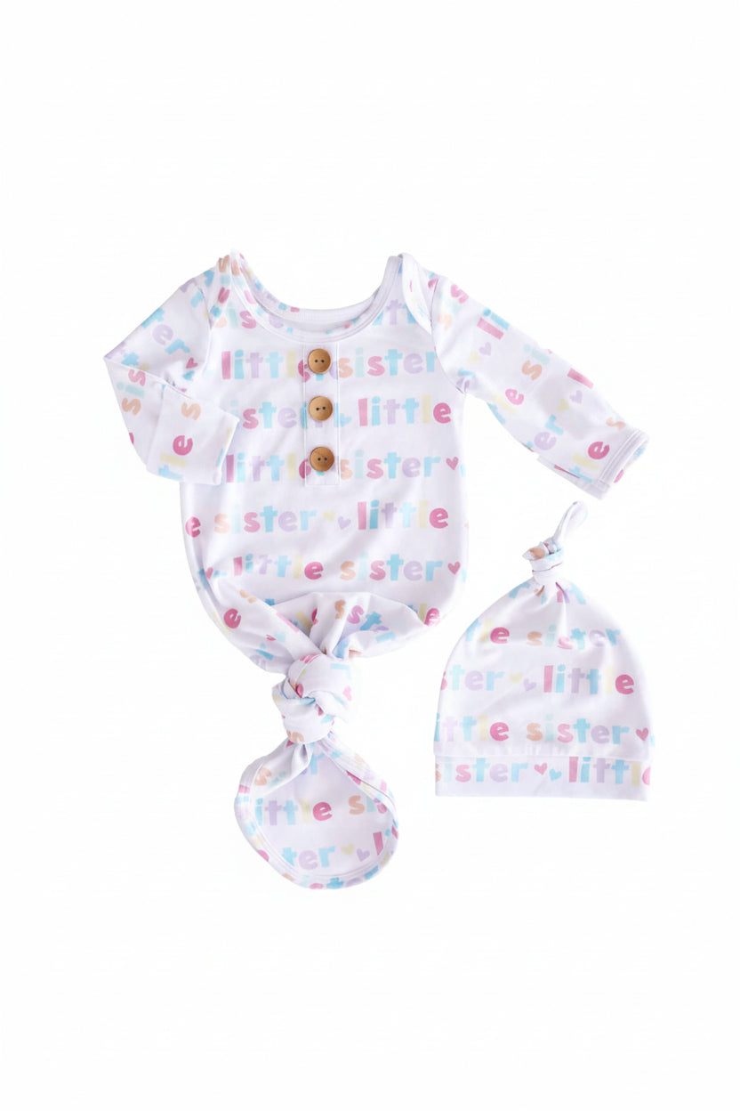 Little Sister Newborn Baby Knot Gown & Hat Set
