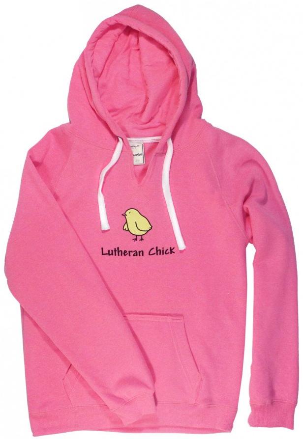 Lutheran Chick V-Neck Hooded Sweatshirt (Multiple Colors)