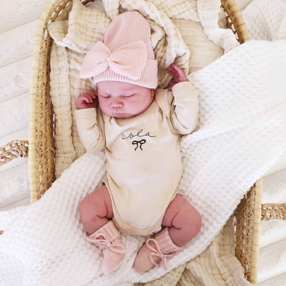Personalized Little Bow Long Sleeve Graphic Bodysuit | Natural