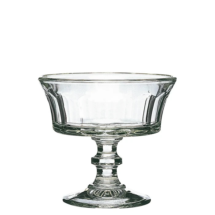 Clear glass footed bowl on a white background