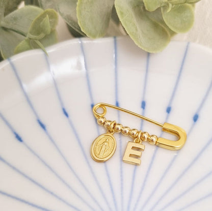 Personalized Pin Letter, Virgin, and Golden Beads Baby Pin