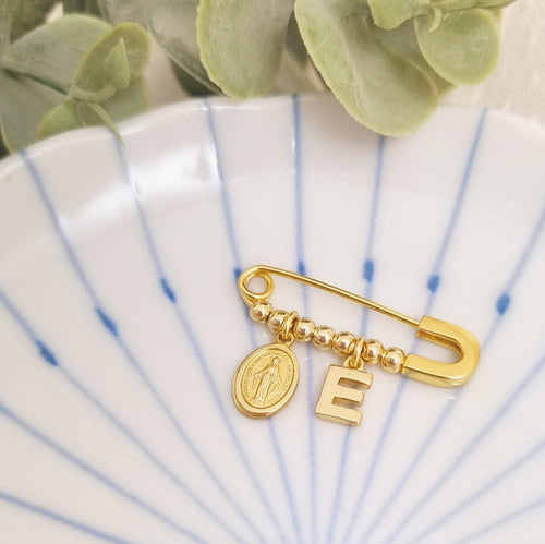 Personalized Pin Letter, Virgin, and Golden Beads Baby Pin