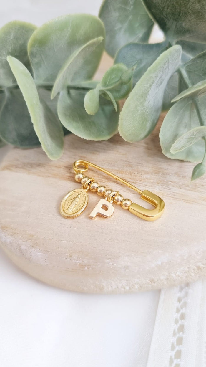 Personalized Pin Letter, Virgin, and Golden Beads Baby Pin