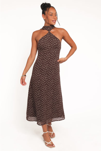 Elva Halterneck Midi Dress - Brown Polka Dot