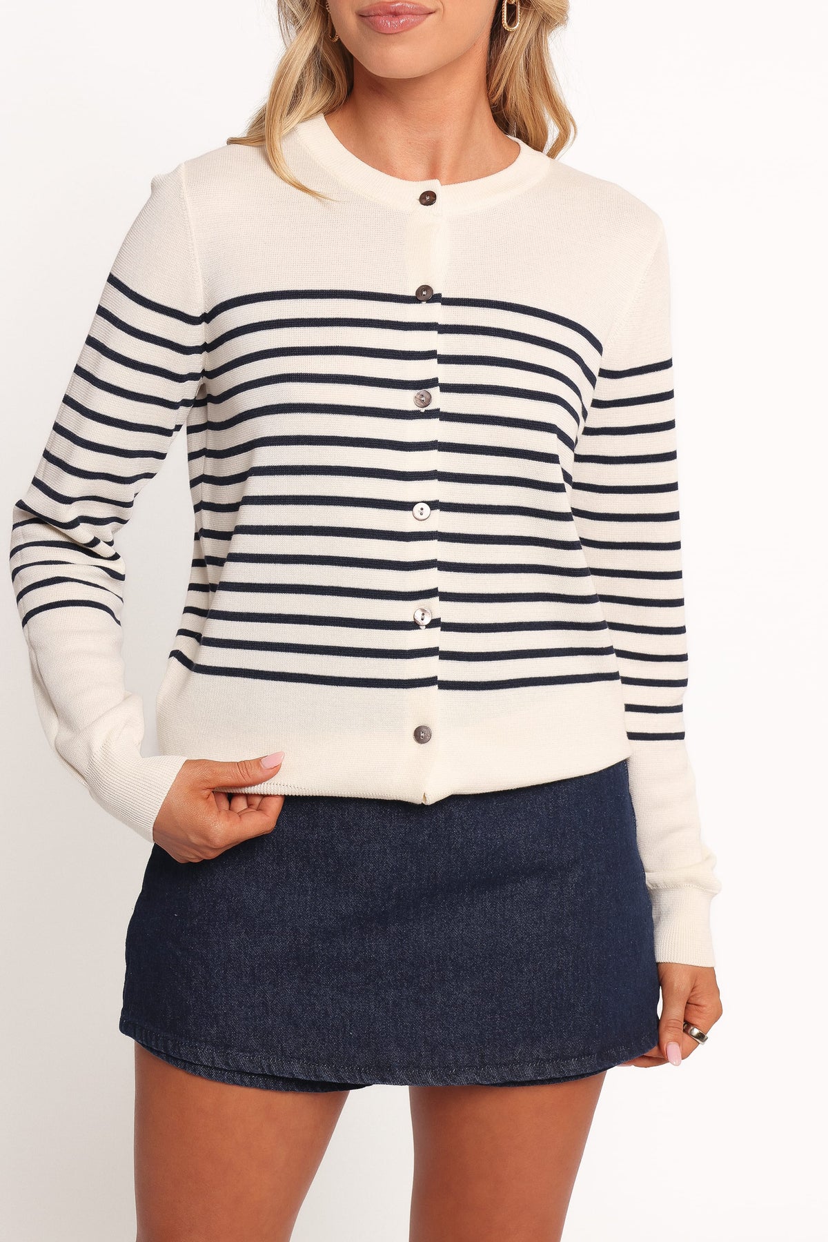 Gavi Button Front Striped Cardigan - Off White/Navy