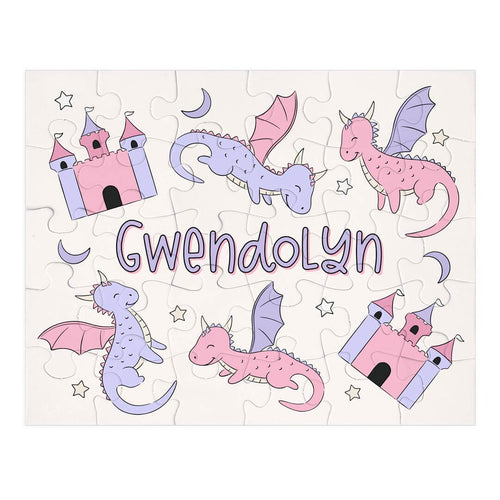 Kids Personalized 30 Piece Puzzle | Dragon Adventure Pink