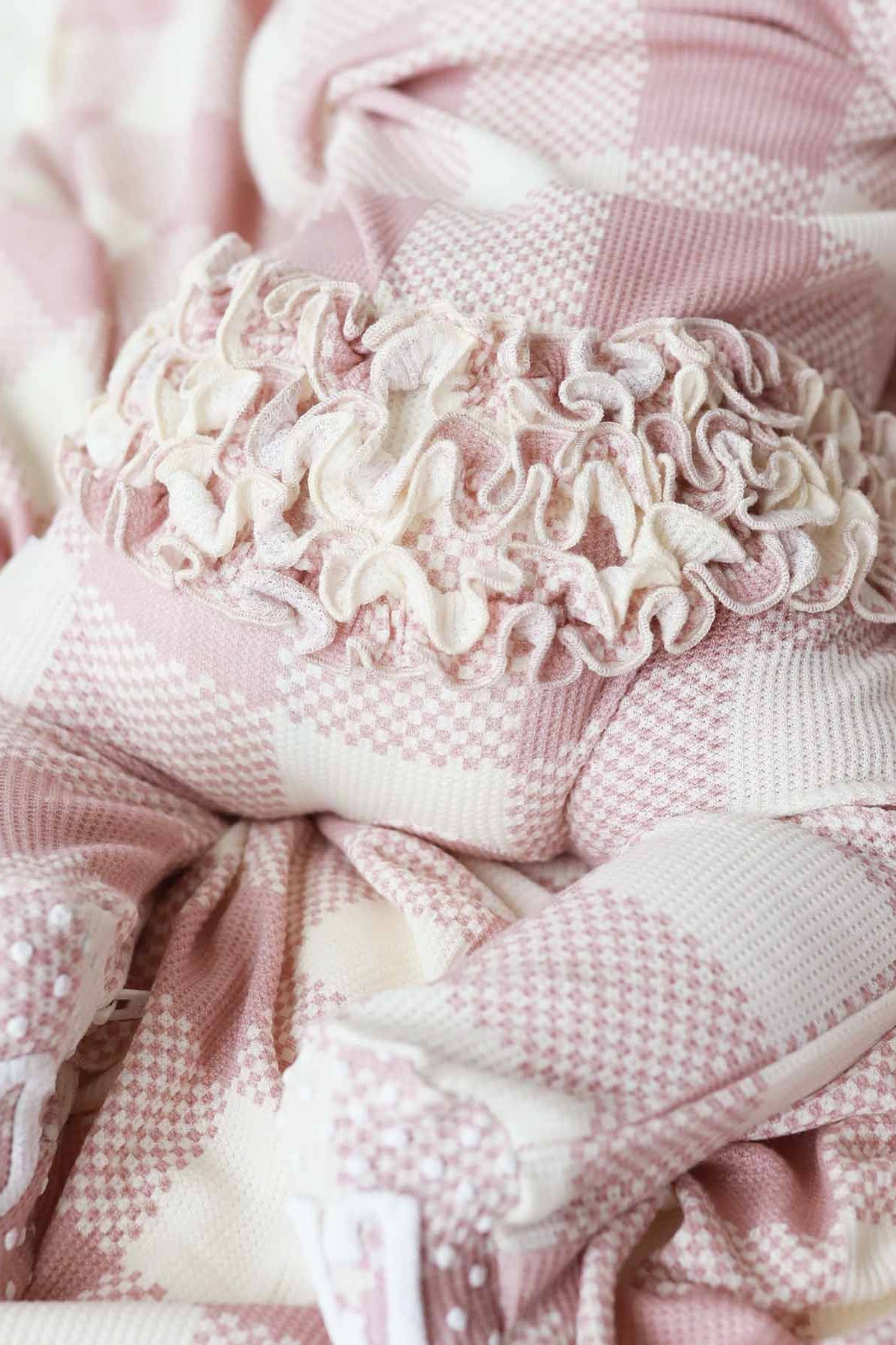 Big Check Bamboo Waffle Zipper Ruffle Footie | Rosy