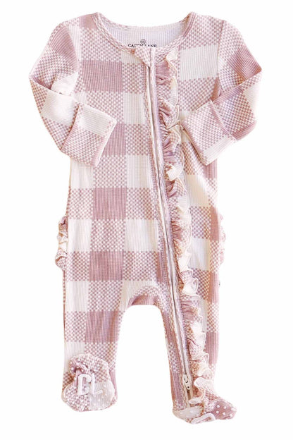 Big Check Bamboo Waffle Zipper Ruffle Footie | Rosy