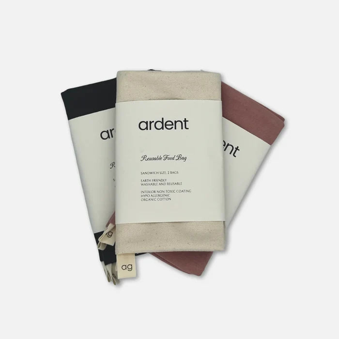 Set of reusable food bags with 'ardent' branding on a white background