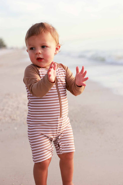 Long Sleeve Rash Guard Swim Romper Shortie | Sandy Stripes
