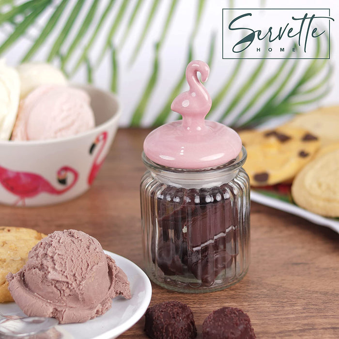 Servette Home Small Glass jar with Flamingo Ceramic Lid - 10 oz