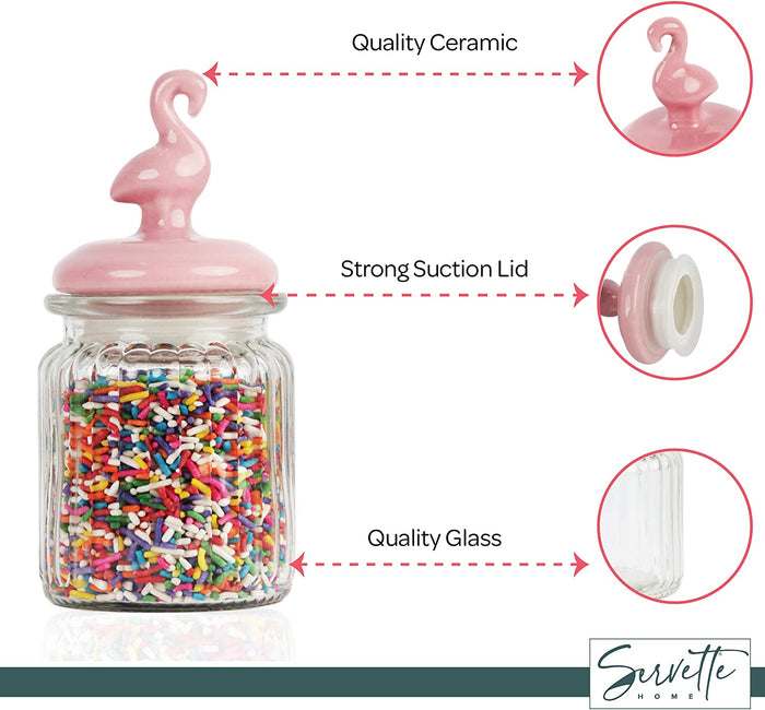 Servette Home Small Glass jar with Flamingo Ceramic Lid - 10 oz
