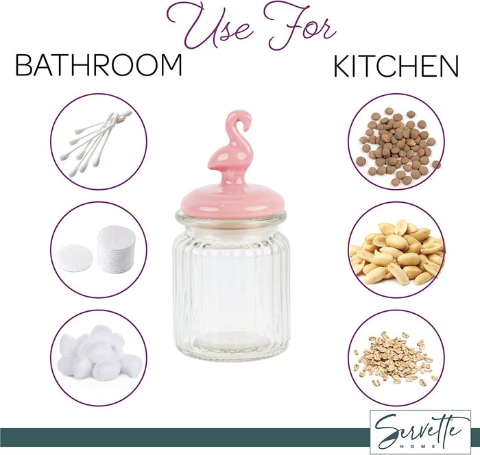 Servette Home Small Glass jar with Flamingo Ceramic Lid - 10 oz