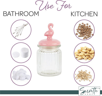 Servette Home Small Glass jar with Flamingo Ceramic Lid - 10 oz