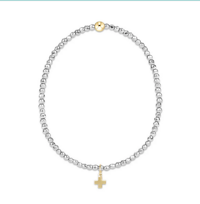Silver Faceted Hematite 2mm Bead Bracelet Signature Cross Gold Charm