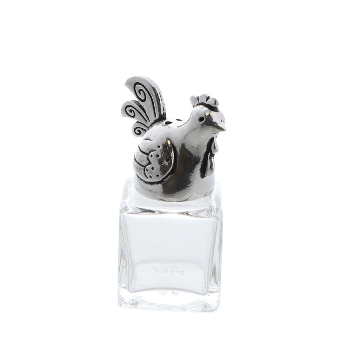 mini glass salt shaker with pewter rooster figurine