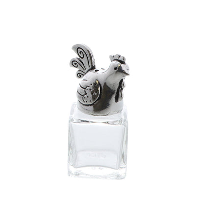 mini glass salt shaker with pewter rooster figurine