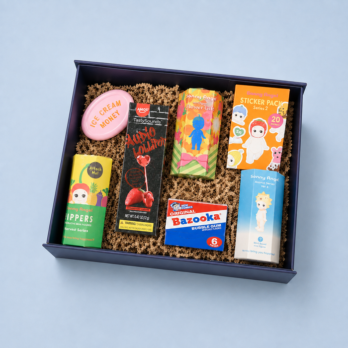 Official Sonny Angel Gift Box with 3 blind figures, stickers, bazooka gum, ice cream coin pouch and  audio sounds lollipoop.