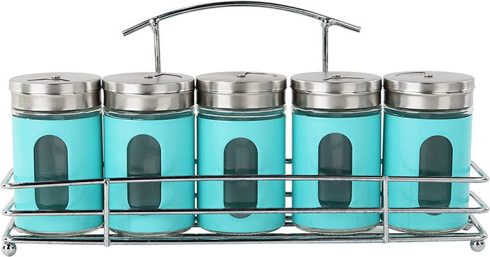 Spice Rack with 5 Aqua Retro Glass Spice Jars