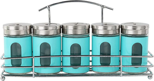 Spice Rack with 5 Aqua Retro Glass Spice Jars