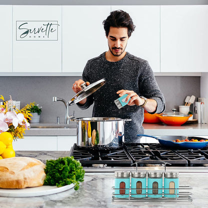 Spice Rack with 5 Aqua Retro Glass Spice Jars