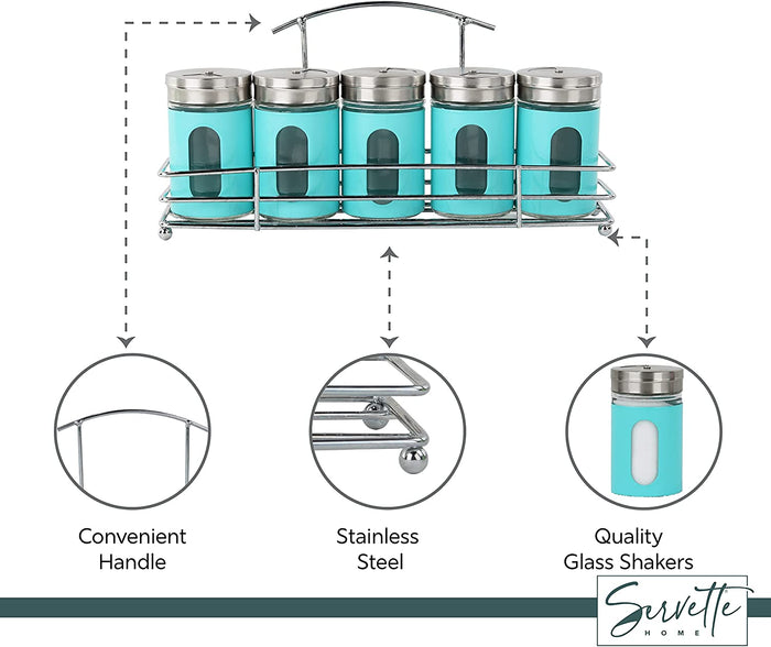 Spice Rack with 5 Aqua Retro Glass Spice Jars
