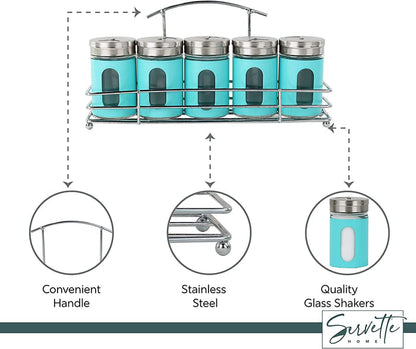 Spice Rack with 5 Aqua Retro Glass Spice Jars
