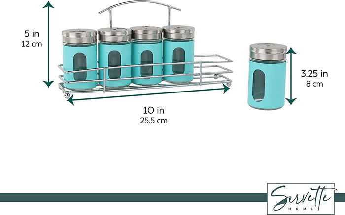 Spice Rack with 5 Aqua Retro Glass Spice Jars
