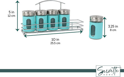 Spice Rack with 5 Aqua Retro Glass Spice Jars