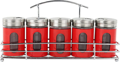 Spice Rack with 5 Red Retro Glass Spice Jars