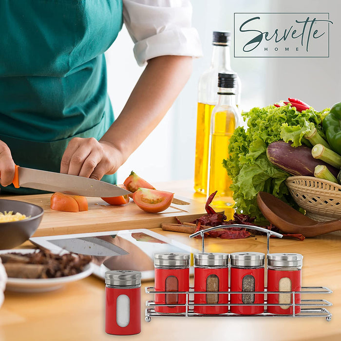 Spice Rack with 5 Red Retro Glass Spice Jars
