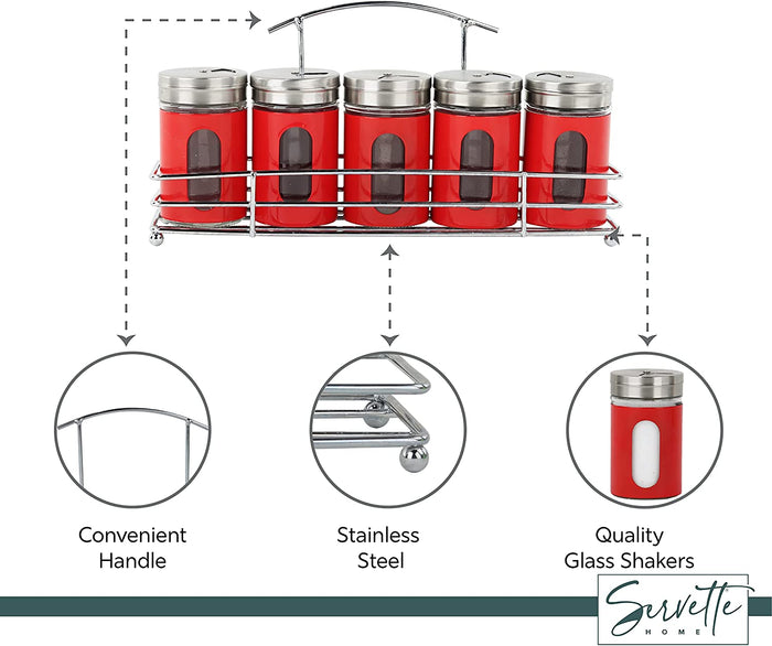 Spice Rack with 5 Red Retro Glass Spice Jars