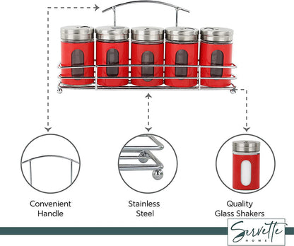 Spice Rack with 5 Red Retro Glass Spice Jars