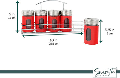 Spice Rack with 5 Red Retro Glass Spice Jars