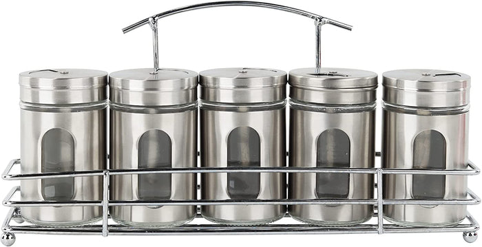 Spice Rack with 5 Stainless Steel Retro Glass Spice Jars