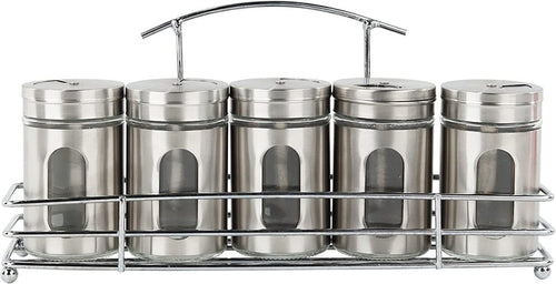Spice Rack with 5 Stainless Steel Retro Glass Spice Jars