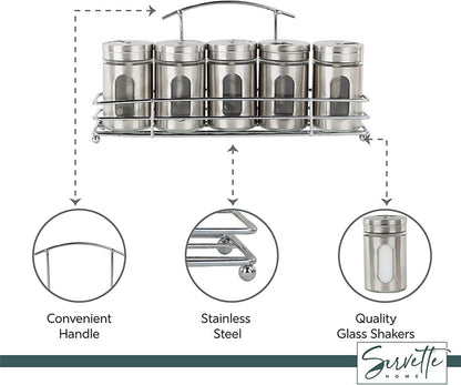 Spice Rack with 5 Stainless Steel Retro Glass Spice Jars